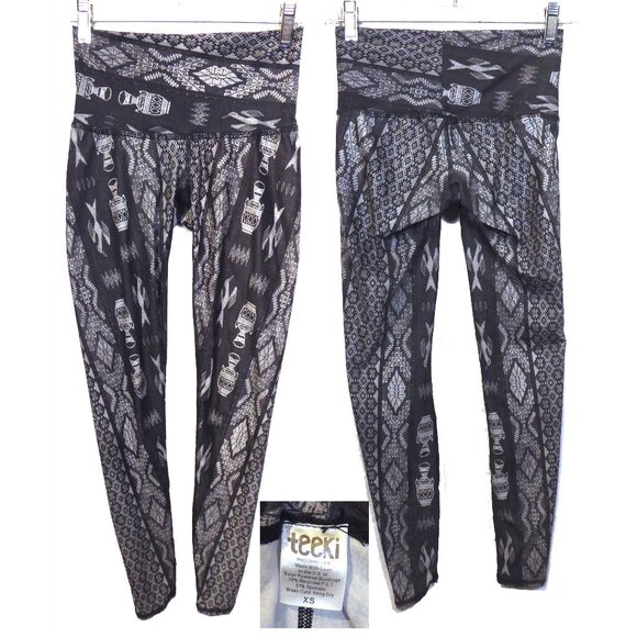Teeki Aztec Bird, Amphora Print silver grey black Leggings or Yoga pant XS - Picture 1 of 4